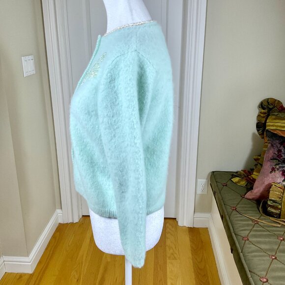 Vintage Sweater Cardigan Angora Wool Beads Pearl Buttons Ice Blue Rafaella (L) - Picture 2 of 8